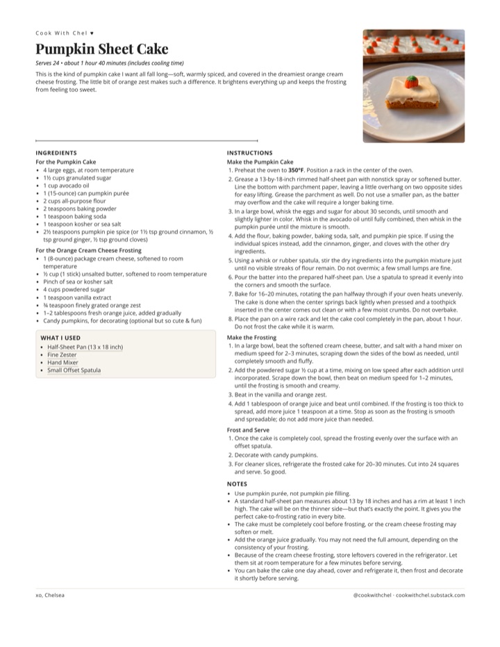 The printable recipe card for Pumpkin Sheet Cake